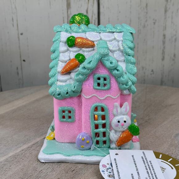 Easter Gingerbread House Tabletop Claydough LED light up Pink White Pastel New - Picture 11 of 11